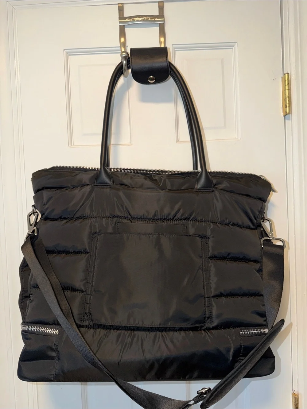 Black Quilted Tote Bag with Top Handles and Detachable Strap